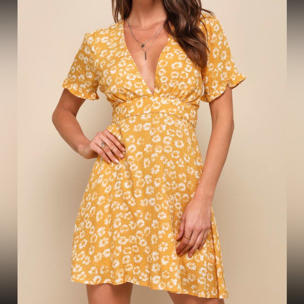 Yellow floral print mini dress